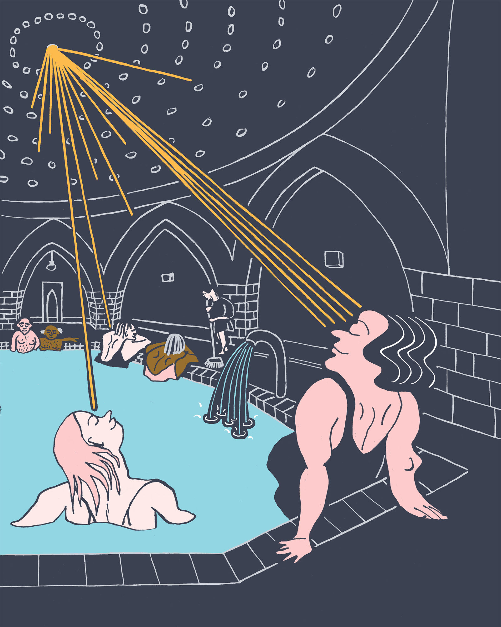 Illustration of six people of different age relaxing in a Turkish bath